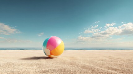 Vibrant Beach Ball on Sandy Shore with Clear Blue Sky and Calm Ocean Background