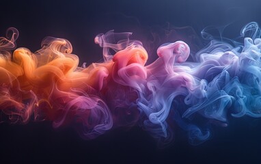 Ribbon-like multicolor smoke curling horizontally with bold hues over black canvas. Abstract colorful motion concept