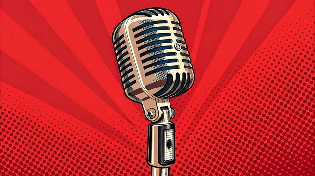 Retro microphone illustration with bold red pop art background, great for music events, podcast covers, retro party posters, vintage communication themes, broadcasting ads