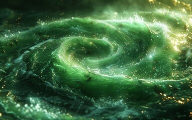 Rising spiral of vibrant green fluid twisting upward in slow motion, contrasted dramatically against a black background with glowing reflections concept