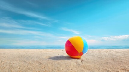 Obraz premium Colorful Beach Ball on Sandy Shore with Clear Blue Sky and Calm Ocean in Background