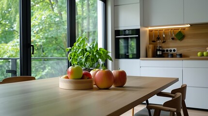 a wooden table with two apples and a bowl of fruit