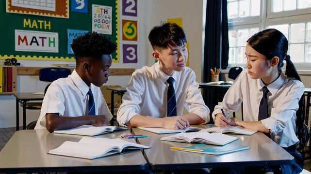 Video of students in school uniforms studying at desks in a classroom. Eye-level angle captures focus and collaboration in a learning environment.