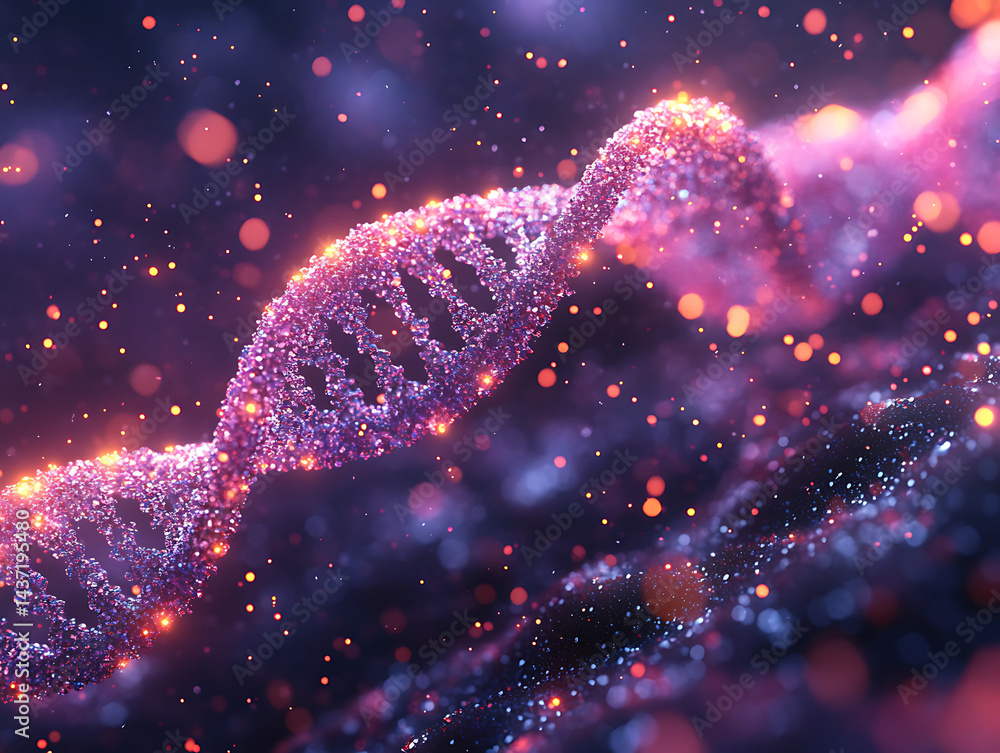 Poster abstract purple dna structure with glowing particles representing science genetics and biomedical in