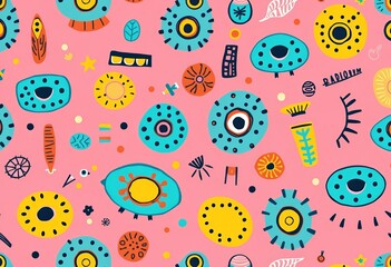 Cute whimsical ethnic doodle pattern, seamless repeat on pink background, asia, hand drawn