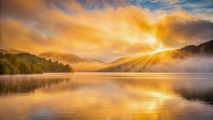 Fototapeta premium Serene Sunrise Over Misty Lake Surrounded by Lush Mountains and Golden Skies
