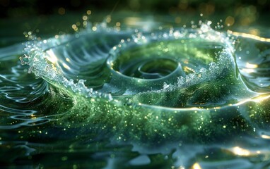 Rising spiral of vibrant green fluid twisting upward with glowing reflections on black background. Dynamic liquid motion concept