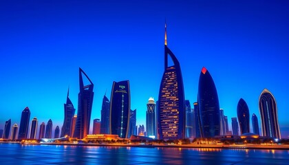 Riyadh's futuristic skyline at twilight, gleaming skyscrapers against a deep blue sky,  modern architecture, contemporary