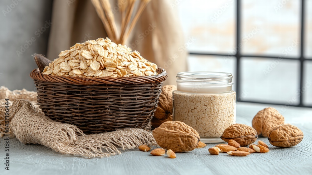 Poster charming basket filled with an assortment of nuts accompanied by a jar of almonds for snacking