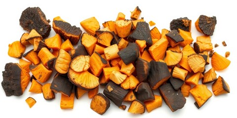 Roughly chopped pieces of chaga mushroom isolated on white, organic, pieces