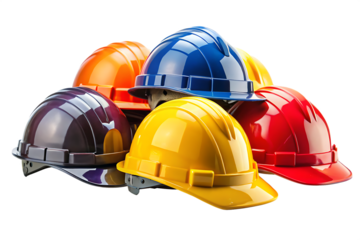 Set collection of fireman and hard safety helmet in different colors for construction site, isolated on white background