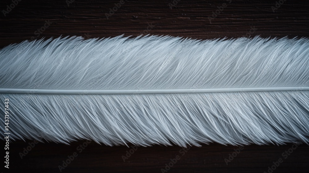 Poster white feather placed on a rustic wooden table with natural light highlighting its texture and shape