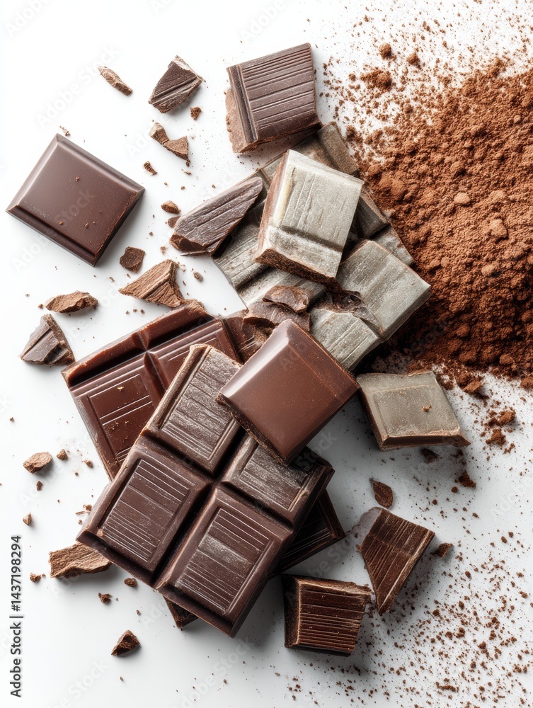 Poster Broken Chocolate Bar and Cocoa Powder on Bright White Background With Scattered Pieces Creating a Tempting Dessert Setting