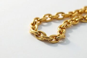 Close-up shot of a single gold hip hop chain on white background, macro, still life, hip hop culture