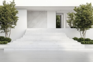 Modern white exterior home entrance with marble steps and landscaping