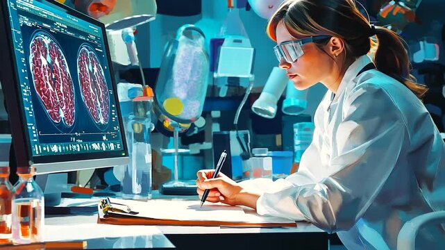Scientist Analyzing Brain Scans in Modern Lab - Powered by Adobe