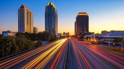Fototapeta premium City highway sunset, light trails, skyscrapers, Florida, traffic, urban