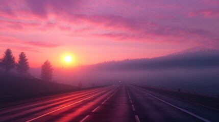 Fototapeta premium Vibrant sunrise illuminating a lonely highway vanishing into misty mountains