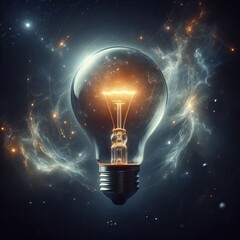 Bright glowing filament inside a light bulb surrounded by a dark energetic atmosphere