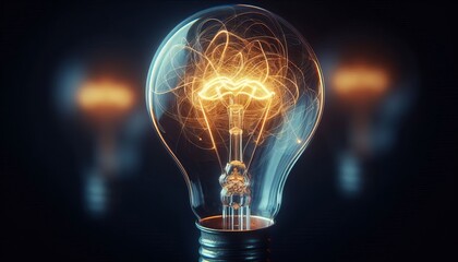 Shining filament inside a transparent bulb radiating light against a dark backdrop