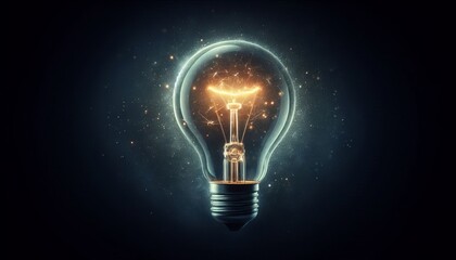 Glowing light bulb with sparks floating around illuminating a dark space