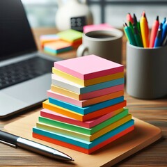 A cozy work corner with vibrant sticky notes and tools for an efficient study or office space