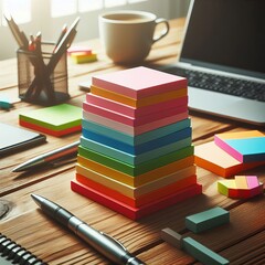 A tidy workspace featuring a stack of colorful post-it notes and an elegant pen nearby