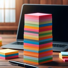 Office essentials with neatly stacked colorful sticky notes next to a laptop and notebook