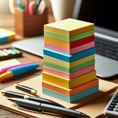 A vibrant collection of sticky notes on a wooden desk with a laptop and writing tools