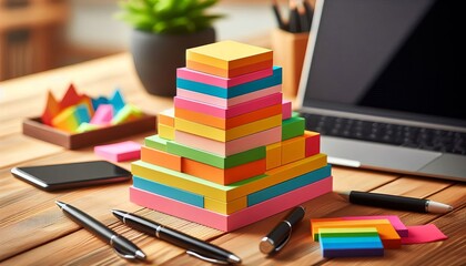 Colorful sticky notes in a stack ready for notes and reminders on a productive work desk