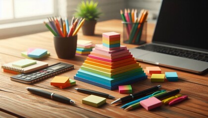 A modern desk setup featuring sticky notes and a sleek laptop with pens in a holder