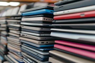 Neatly Stacked Laptops of Various Colors and Sizes, Representing Technology Waste