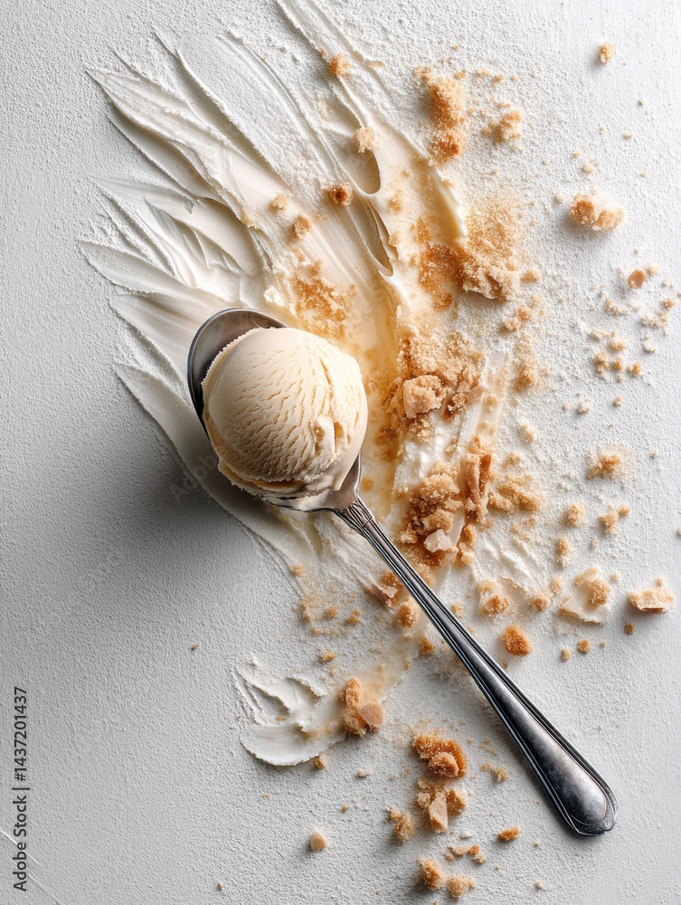 Poster melting ice cream on a flat white surface surrounded by crumbs and spoon creating a delightful, mess