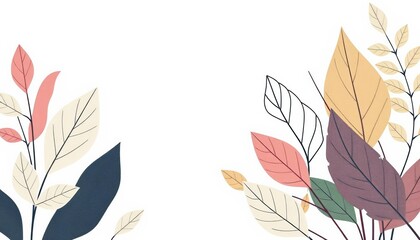Fototapeta premium Elegant abstract botanical collage of minimalist line art leaves; ample negative space, foliage, texture