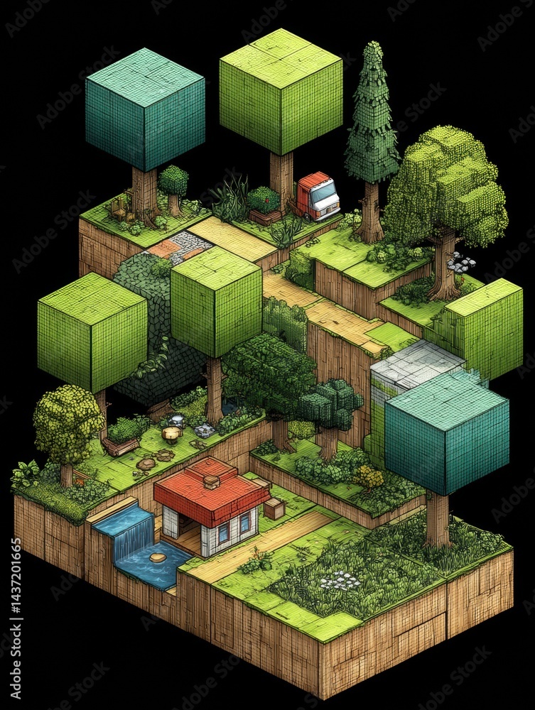 Poster exploring a vibrant pixel art world with unique 3d trees and a cozy house in a tranquil natural envi