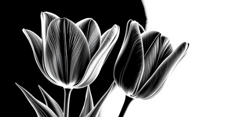 Elegant black and white tulip line art double exposure, botanical illustration, classic, art deco