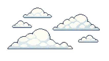 Pixel Art White Clouds Set Retro Style Isolated on Transparent Background Cute 2D Weather Elements for Game or Design