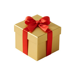 Obraz premium Elegant golden gift box with red ribbon and red bow on white or transparent background, PNG