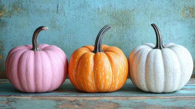 A whimsical display of autumnal cheer, featuring three pumpkins of varying hues - a plump orange, a crisp white, and a delicate pink - nestled against a soft, pastel blue backdrop 