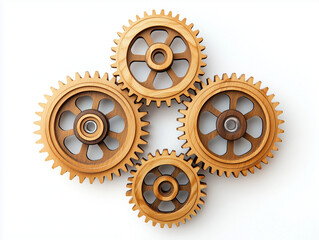 Four wooden spur gears and bearings in locked position isolated on white background