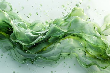 Stream of luminous green fluid cascading from the top left, forming ripples and splash patterns over a pure white background, with glossy, translucent texture concept