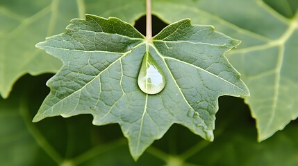 Close-up view of a single dewdrop on a vibrant green leaf.