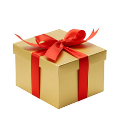 Obraz premium Elegant golden gift box with red ribbon and red bow on white or transparent background, PNG