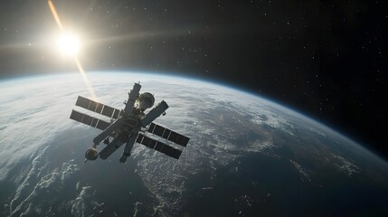 Obraz premium A space station orbits a luminous planet.