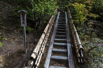 traditional outdoor garden staircase at the Golden Pavilion (Kinkakuji), in Kyoto, Japan. Stone steps, bamboo railings.
