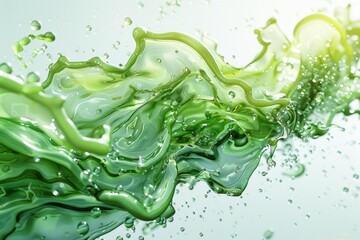 Stream of luminous green fluid cascading from top left forming ripples and splash patterns with glossy translucent texture on white background. Dynamic liquid motion concept