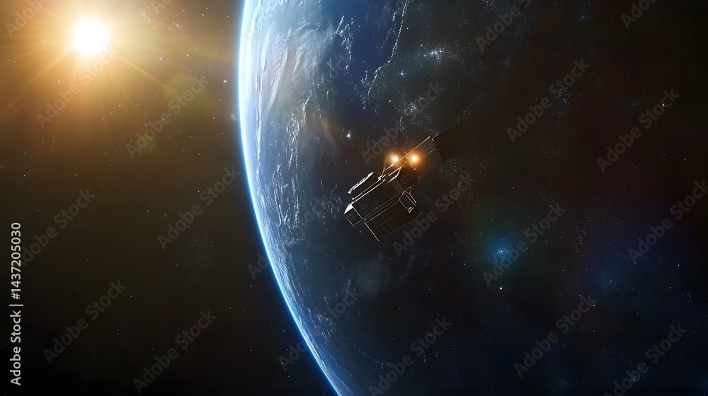 Poster outer space view of earth and a space station orbiting.