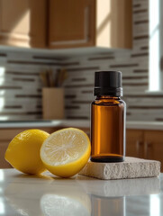 Amber glass bottle with black cap, fresh whole lemon and lemon half on stone tile, kitchen background, natural light, refreshing and clean atmosphere