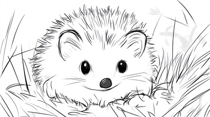 Cute Hedgehog Sketch in Grassy Nest