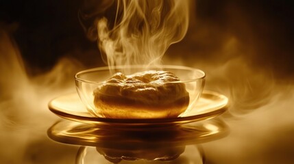 Steaming dessert in glass bowl, golden light